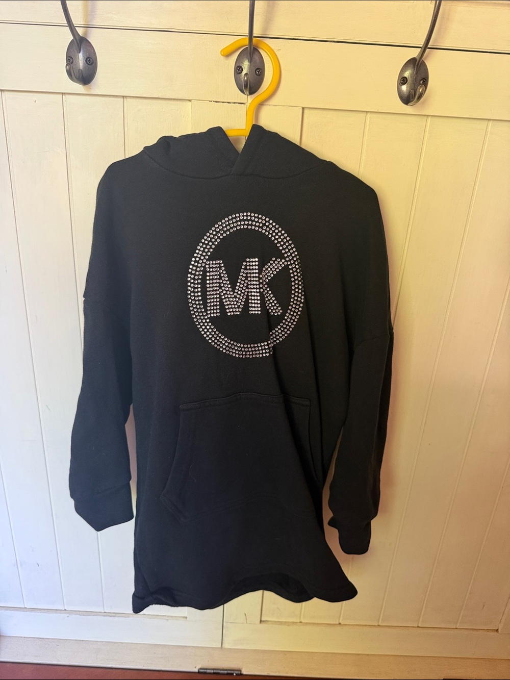 Michael Michael Kors Black Hooded sweatshirt dress with rhinestone emblem